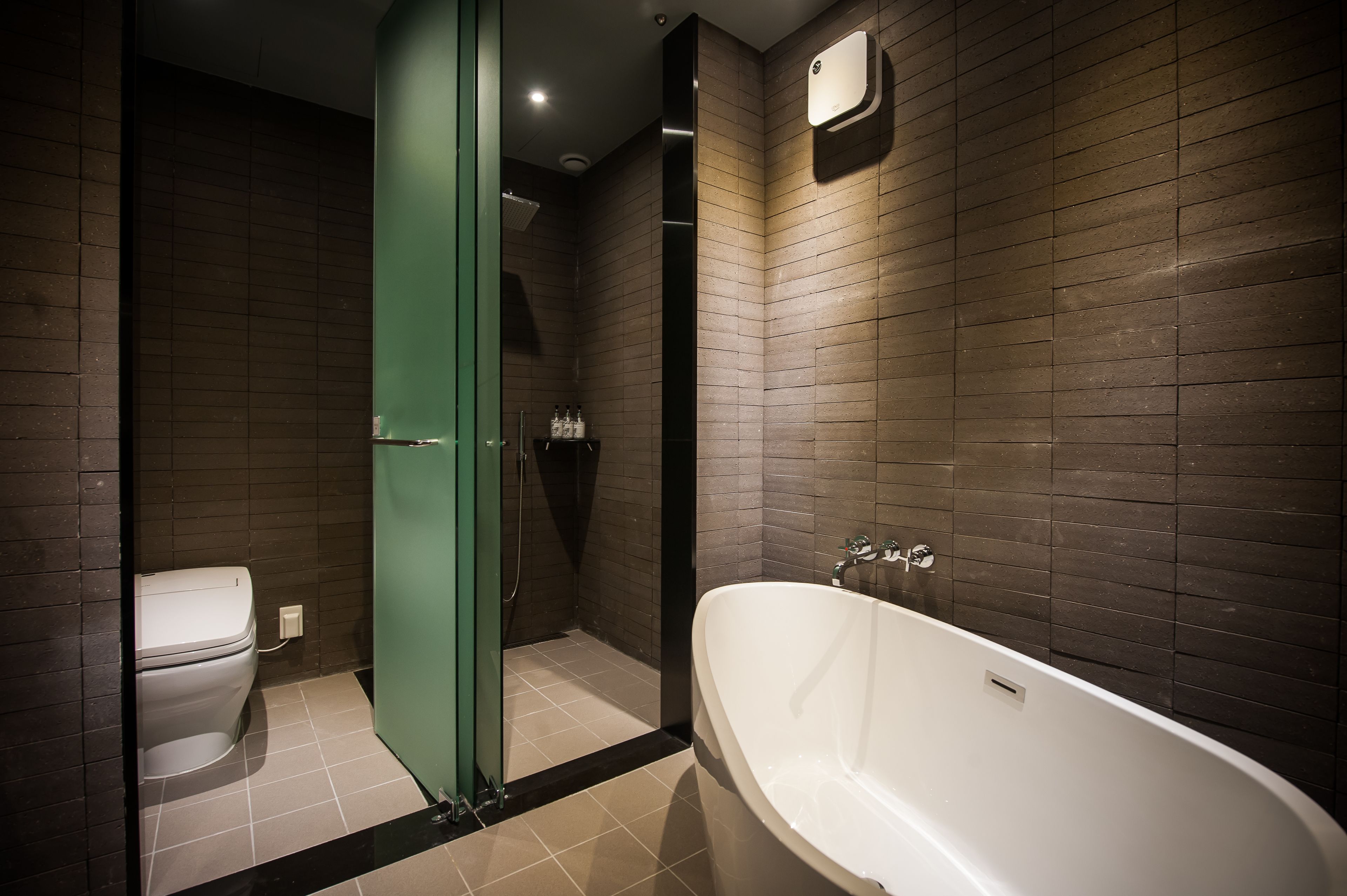 separate bathtub and shower, deep-soaking bathtub, hair dryer, bathrobes