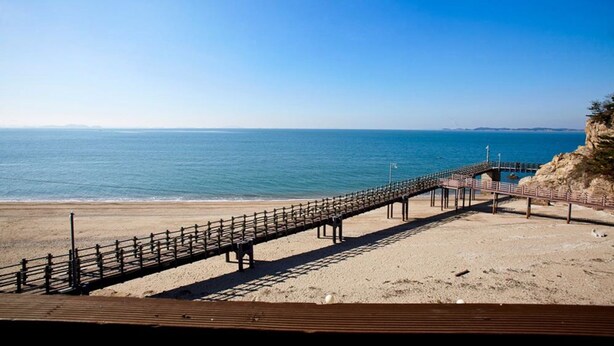 Un malecón de madera que conduce a una playa rocosa con una vista despejada del océano.