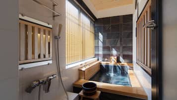 Japanese Modern Room with Private Hot Springs, "Theme: BAMBOO STORY," Non Smoking 37 ㎡【3F】 | Bathroom | Separate tub and shower, deep soaking tub, free toiletries, hair dryer