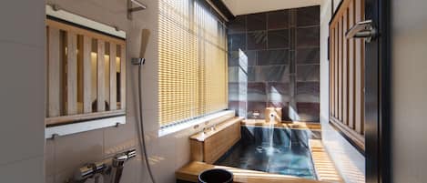 Japanese Modern Room with Private Hot Springs, "Theme: BAMBOO STORY," Non Smoking 37 ㎡【3F】 | Bathroom | Separate bathtub and shower, deep-soaking bathtub, free toiletries