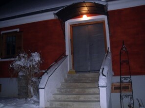A staircase leading to a door with a snow-covered exterior and a small plant beside it.