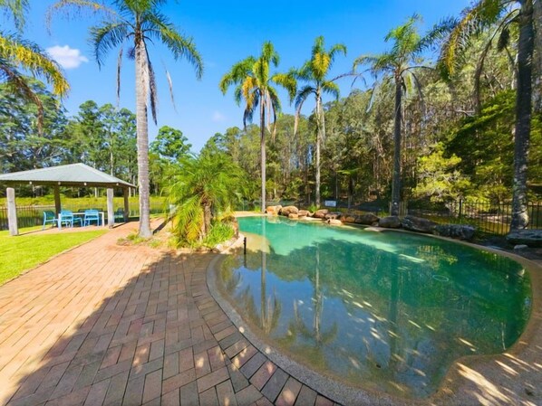 A swimming pool with a brick pathway, surrounded by palm trees and a covered seating area. - Blackwattle at Barrington Tops (Bandon Grove)
