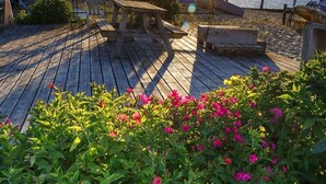 A wooden deck with picnic tables overlooking a body of water with boats. - Apartment with direct beach access (parking, Wi-Fi, near downtown)—check out the reviews! (Arcachon)