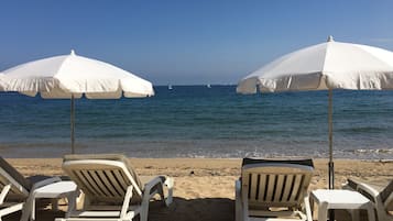 On the beach, sun-loungers