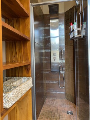 Dusche, Haartrockner, Handtücher, Seife