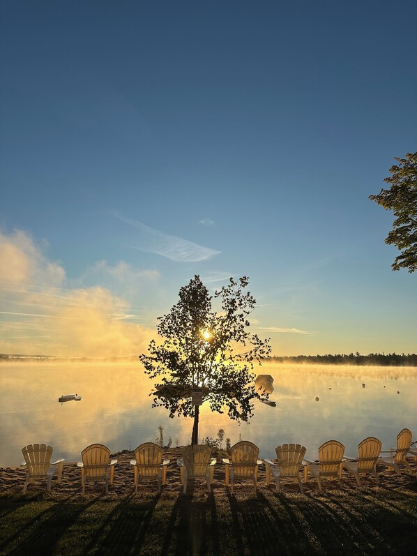 Un paesaggio tranquillo con un lago, una fila di sedie Adirondack rivolta verso l'acqua, un albero al centro e un cielo sereno.