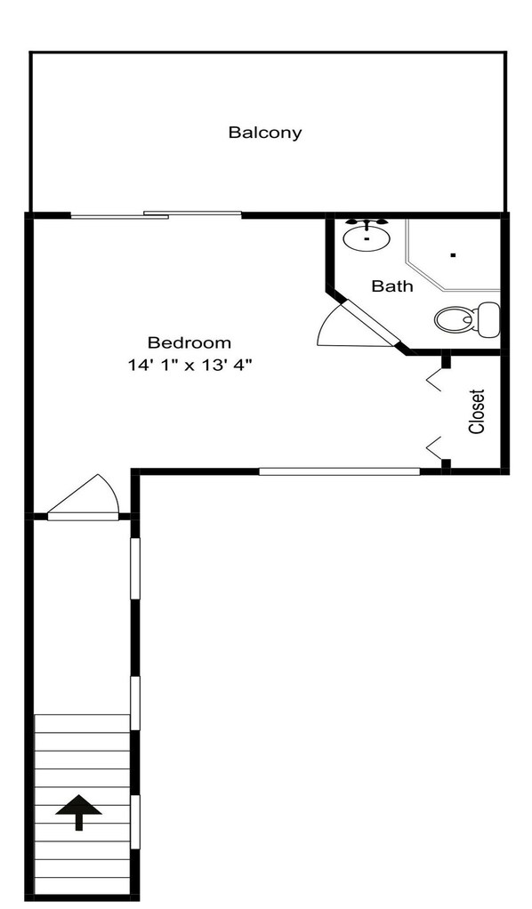A floor plan with a bedroom measuring 14' 1' x 13' 4', a balcony, a bathroom, and a closet. - Sand By Me | Oceanfront + Steps to the Beach! (Surf City)