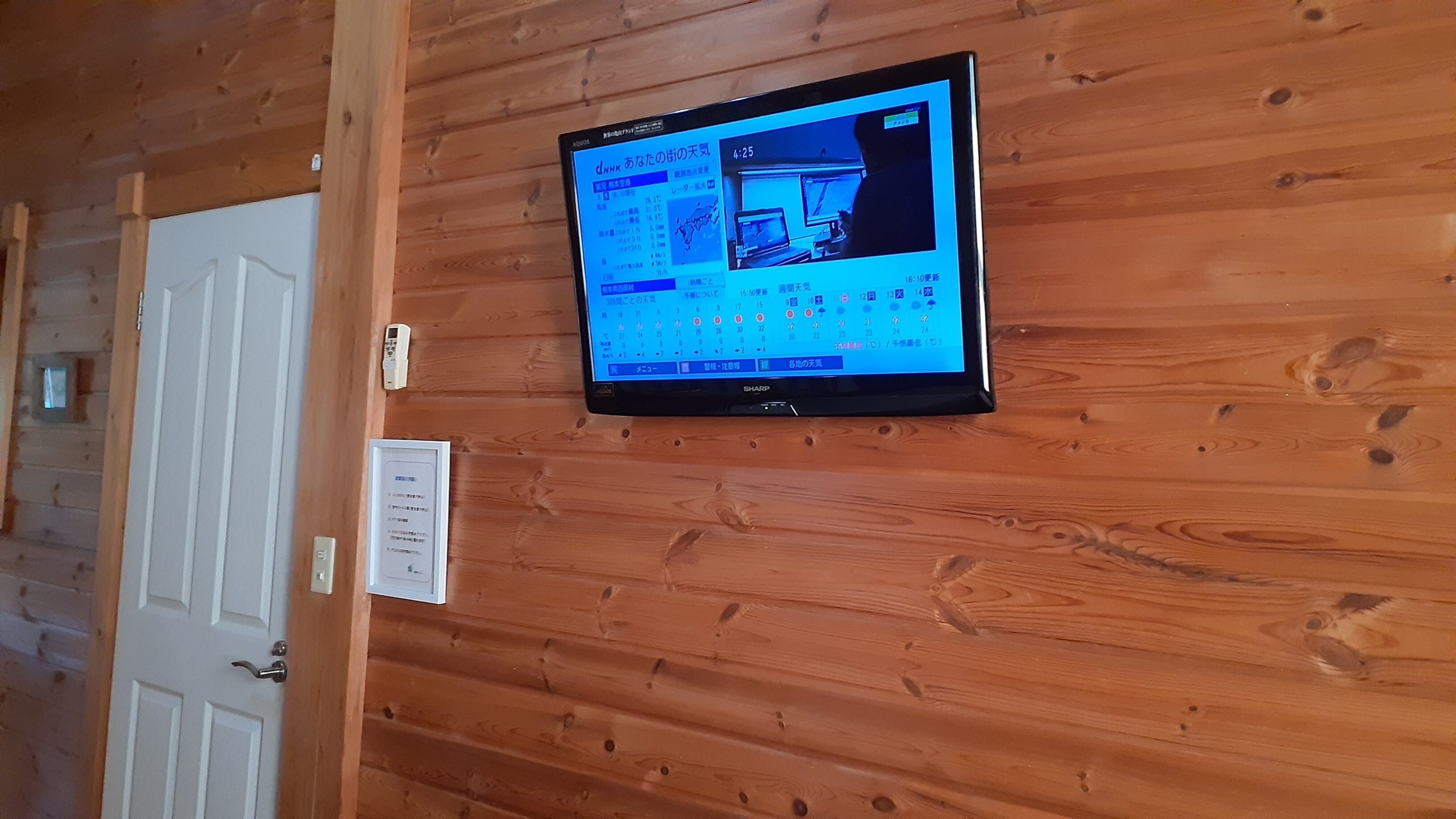 A room with a mounted television displaying a weather forecast.