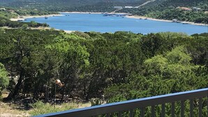 Ett kustlandskap med en stor vattenyta, tät vegetation och en avlägsen vy över en strand med båtar.
