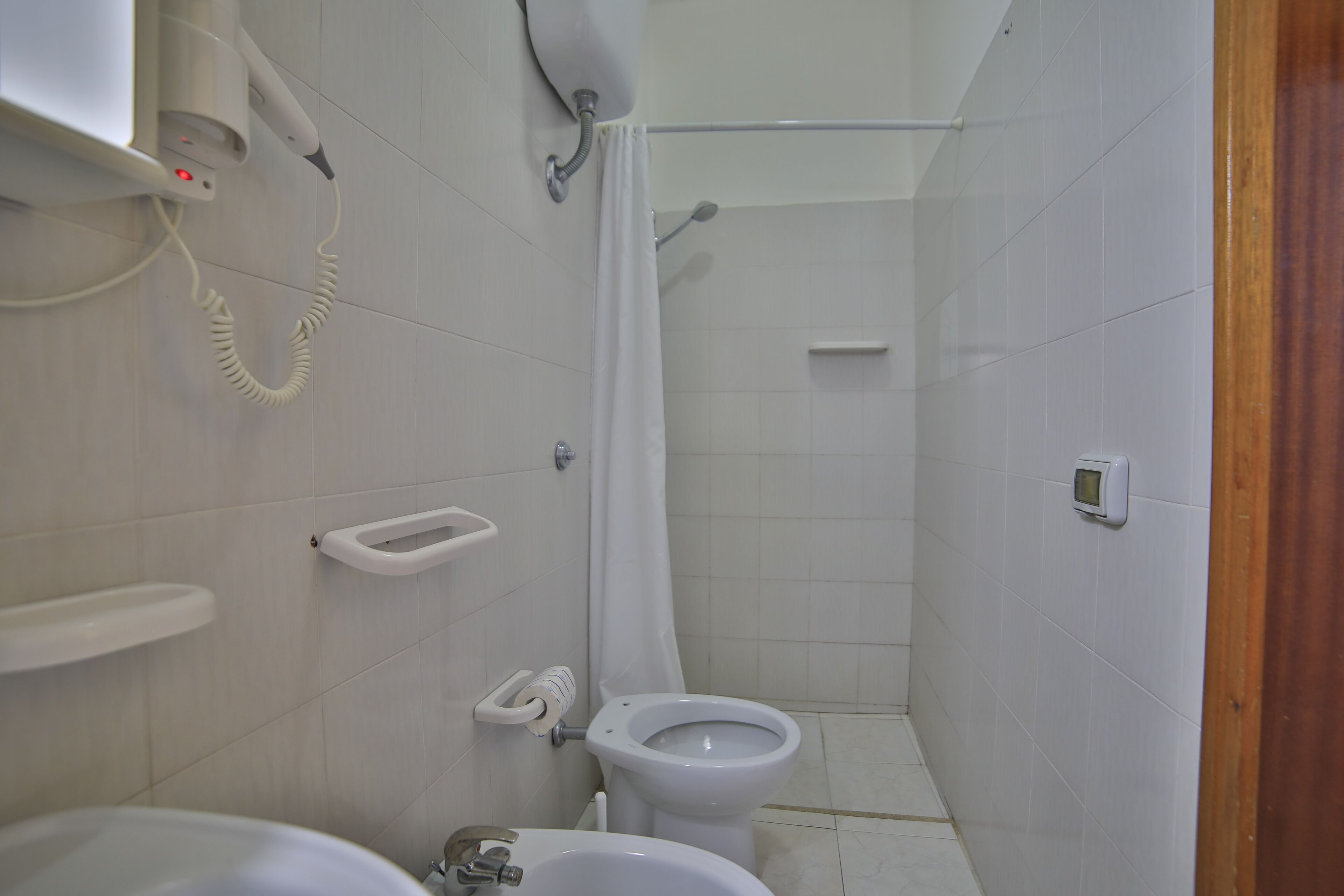 Un baño con inodoro, bidé y zona de ducha.