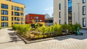 A paved pathway with a garden bed and a teal scooter. - Hiisi Homes Turku Fleminginkatu (Turku)