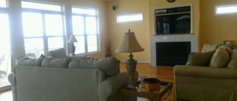 Smart TV, fireplace, DVD player, books