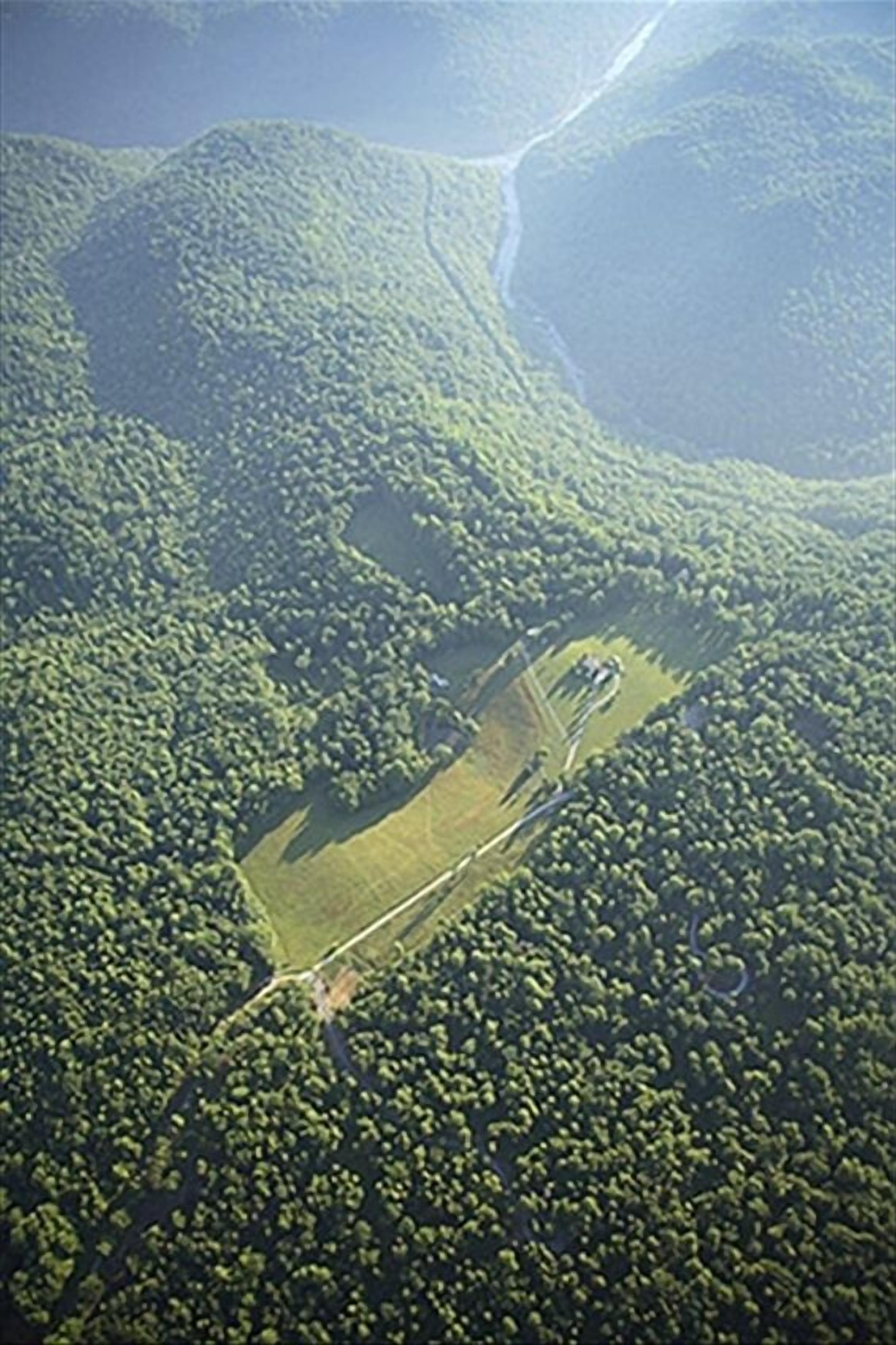 An aerial view of a forested area with a clear path and a small clearing.