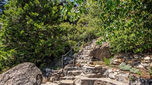 Una escalera de piedra rodeada de vegetación exuberante y una roca grande.