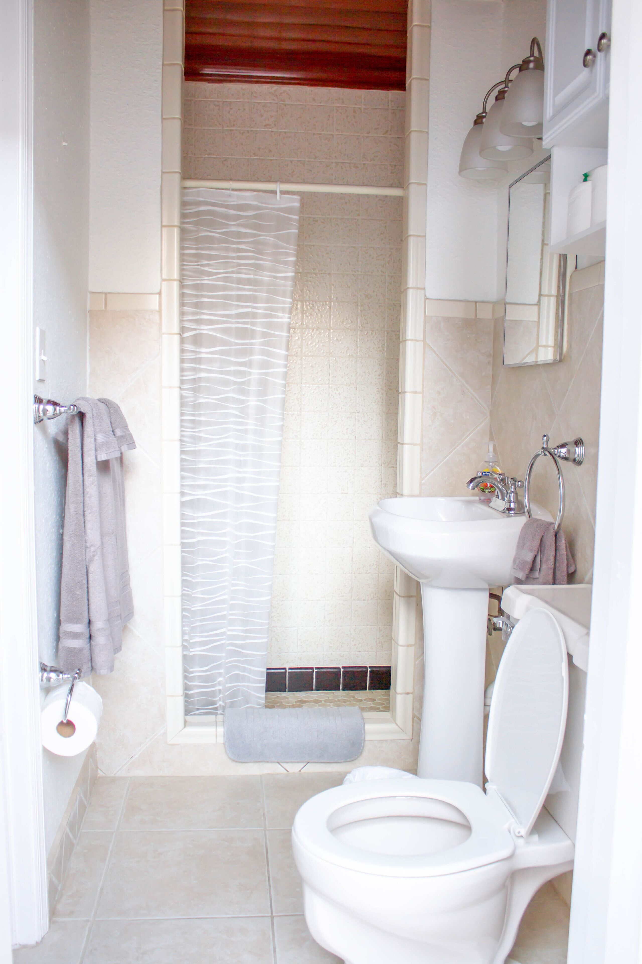 Hair dryer, towels, soap, toilet paper