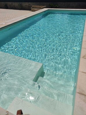 Seasonal outdoor pool, open 11:00 AM to 6:00 PM, pool umbrellas