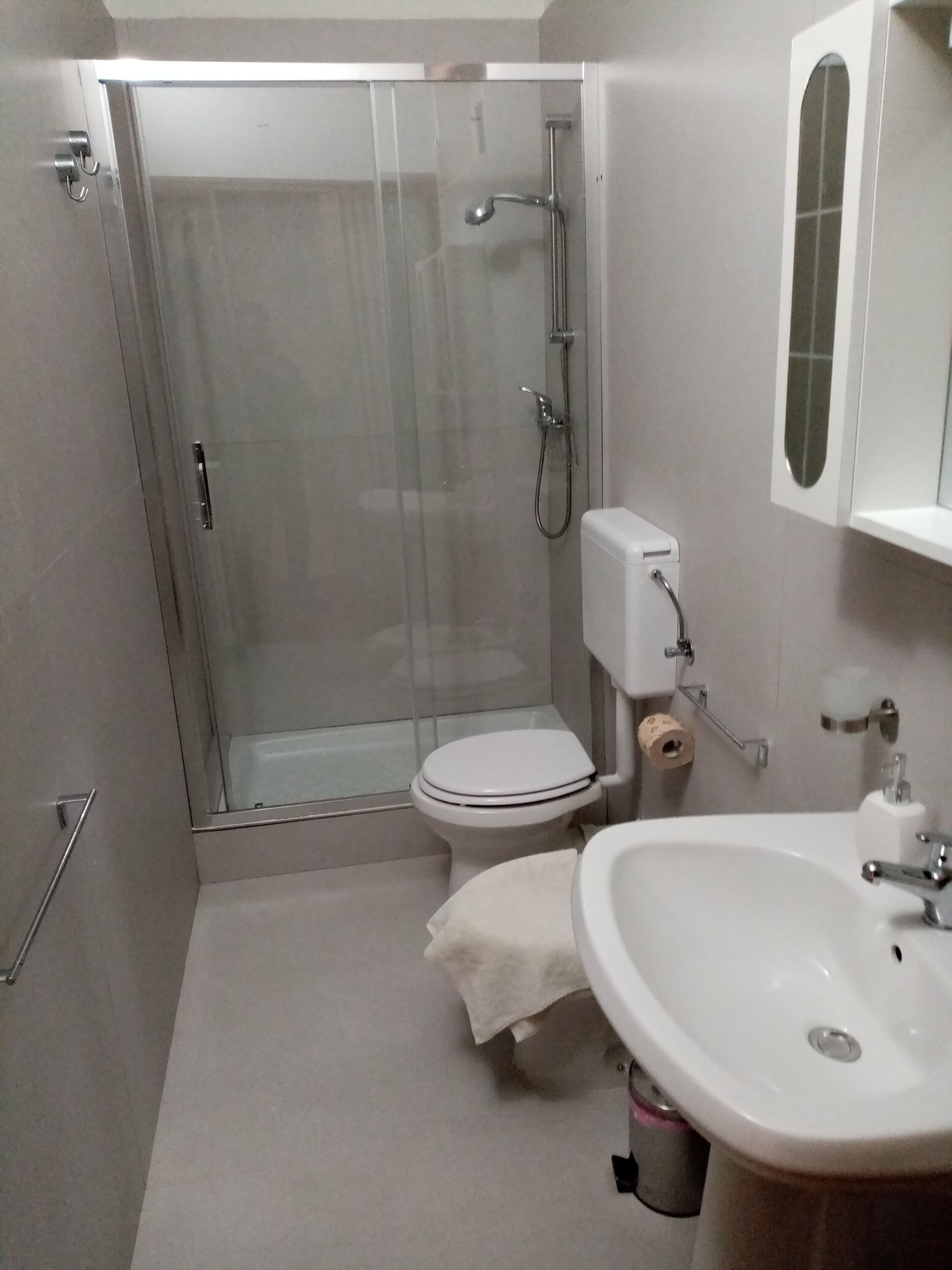 Une salle de bain avec une douche à parois de verre, des toilettes et un lavabo.