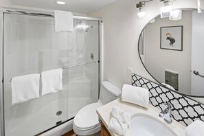 Baignoire, sèche-cheveux, serviettes fournies, shampoing