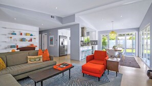 TV, fireplace, books