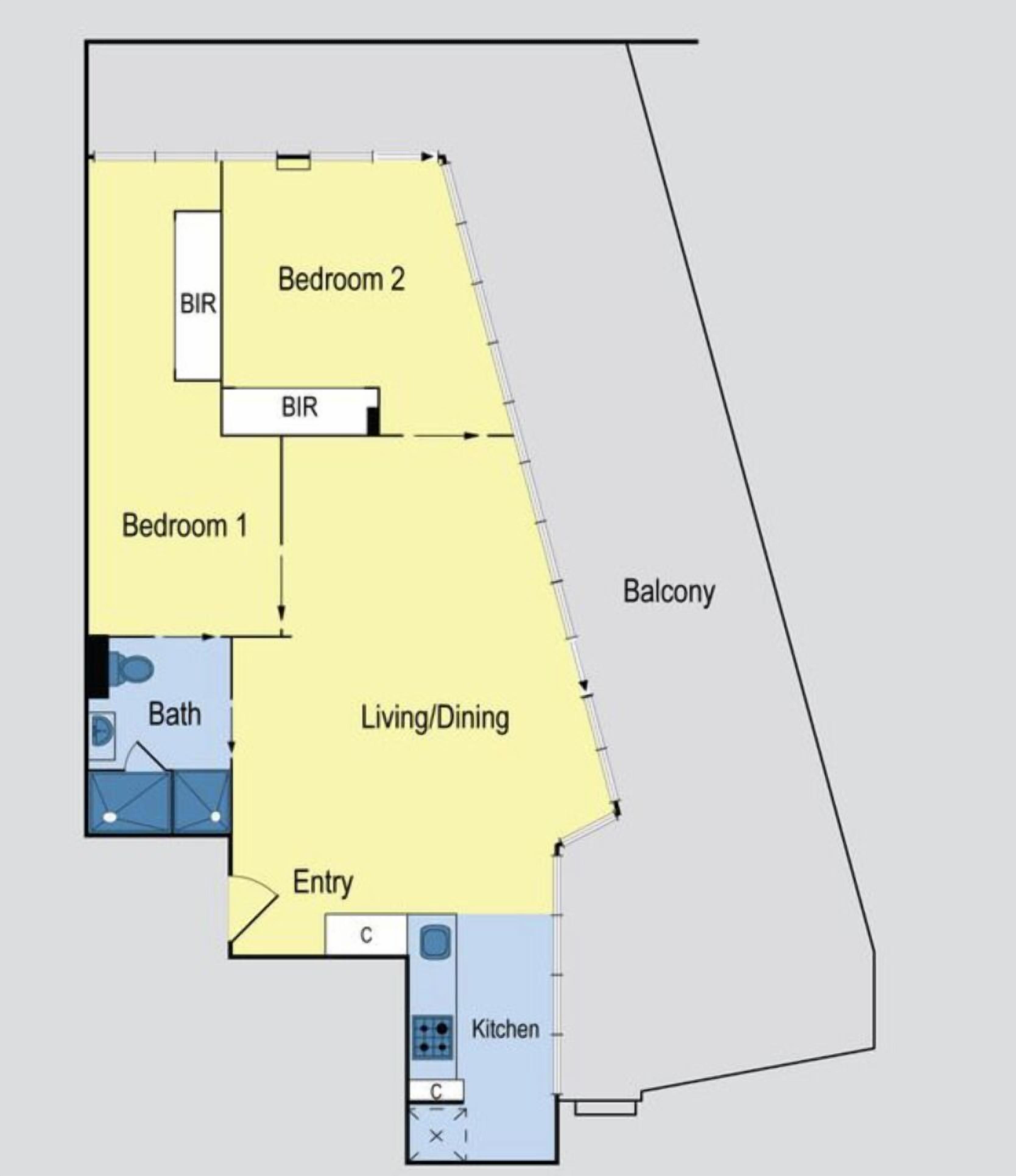 A floor plan of a house with two bedrooms, a living/dining area, a balcony, a kitchen, a bathroom, and an entryway.