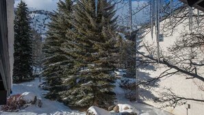A snow-covered landscape with a large evergreen tree in the foreground, a stone wall, and a mountain in the background. - RMR: Gros Ventre A5 Condo in Teton Village (Teton Village)