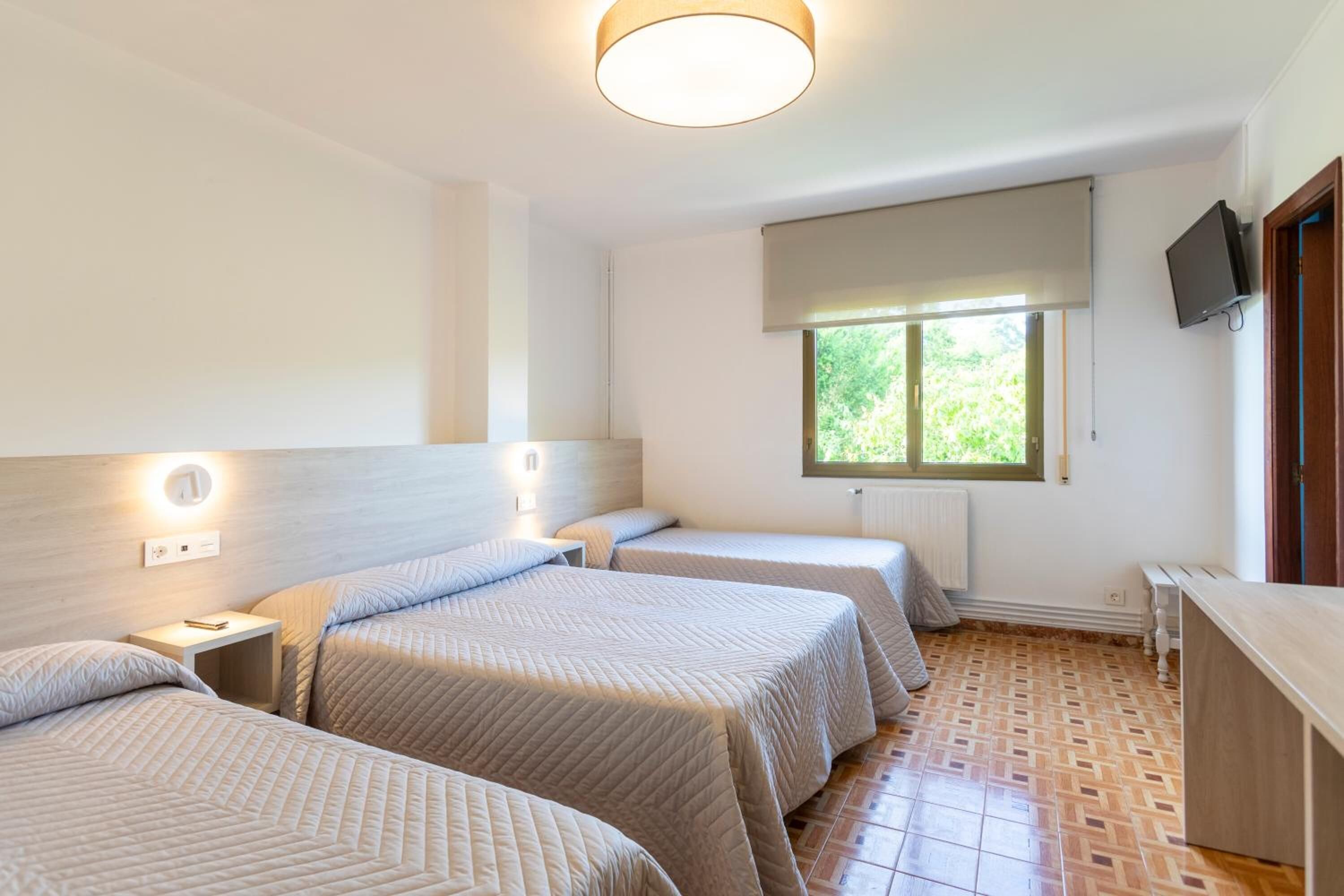 Une chambre d’hôtel avec trois lits, un plancher en bois, une fenêtre donnant sur un espace verdoyant, un téléviseur fixé au mur et une table de chevet avec une lampe.