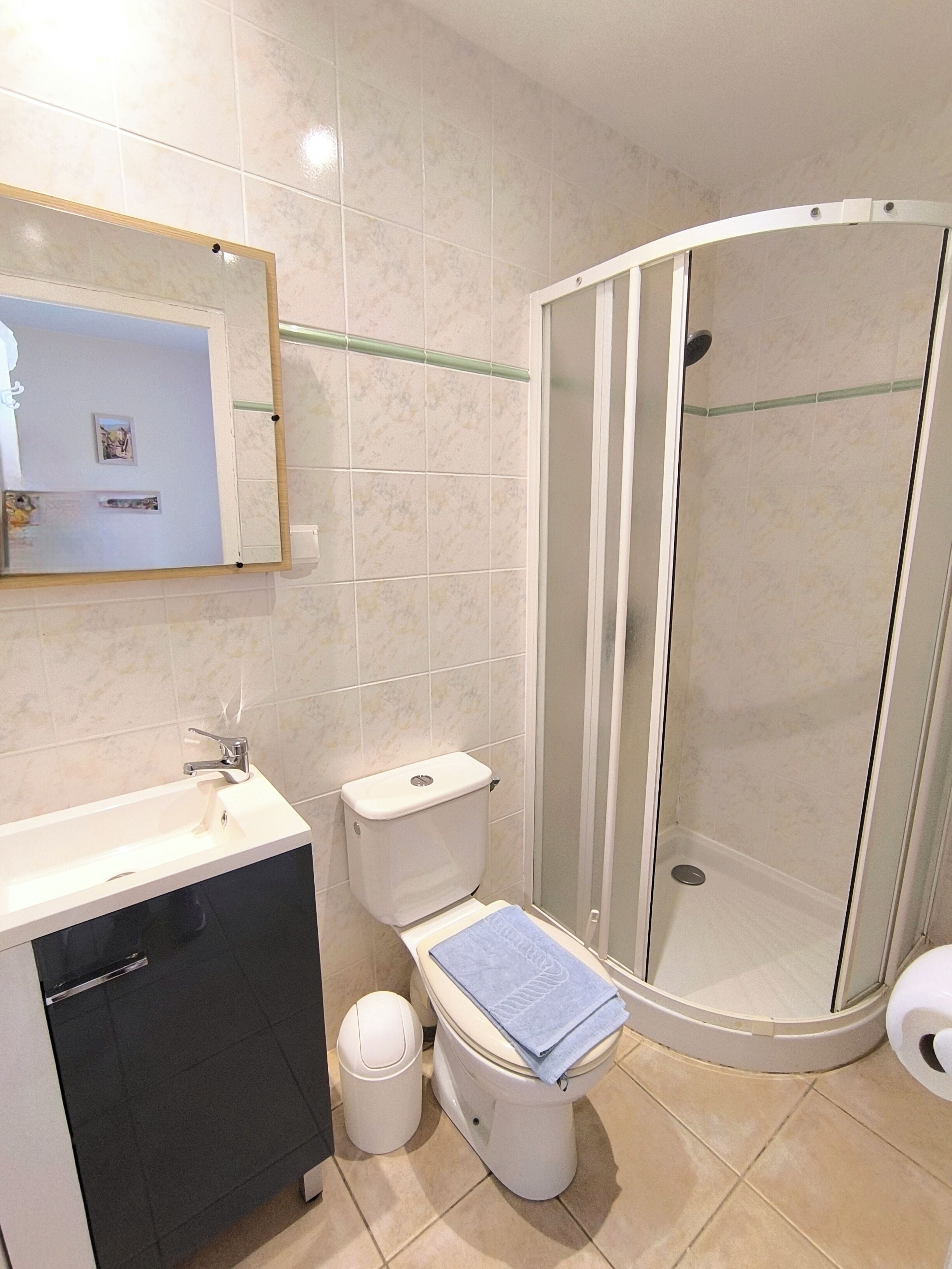 A bathroom with a toilet, sink, and shower.