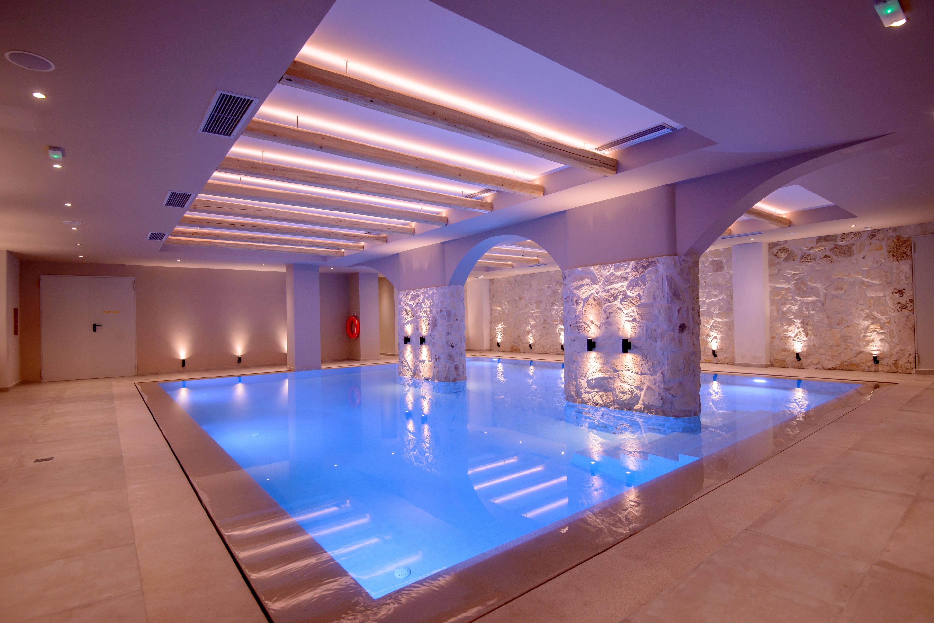 indoor pool, outdoor pool, pool umbrellas, pool loungers
