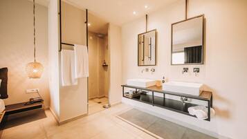 A modern bathroom with two sinks, a walk-in shower, and a large mirror.