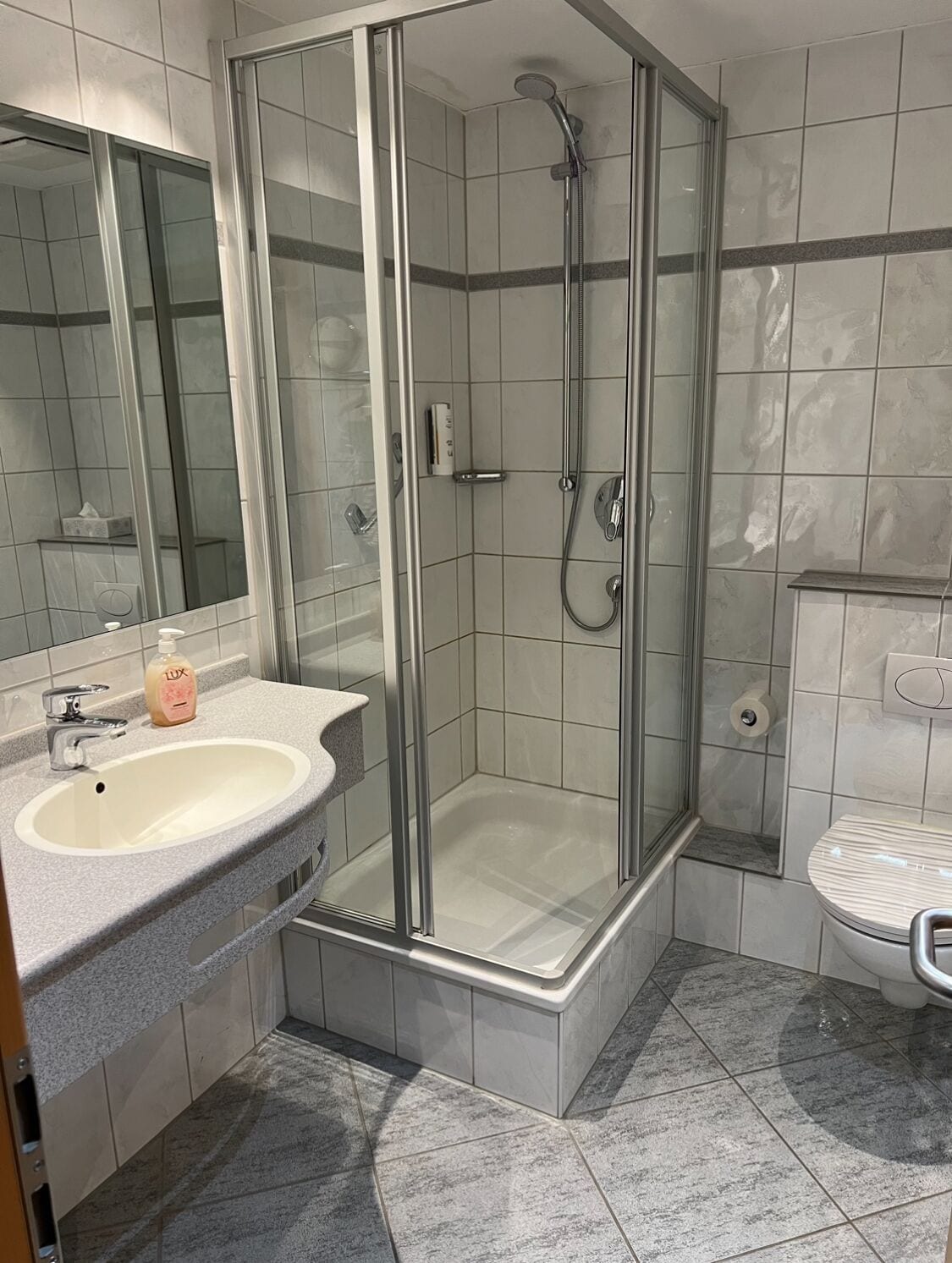Une salle de bain moderne avec une douche à parois de verre, un lavabo doté d’un distributeur de savon et des toilettes.