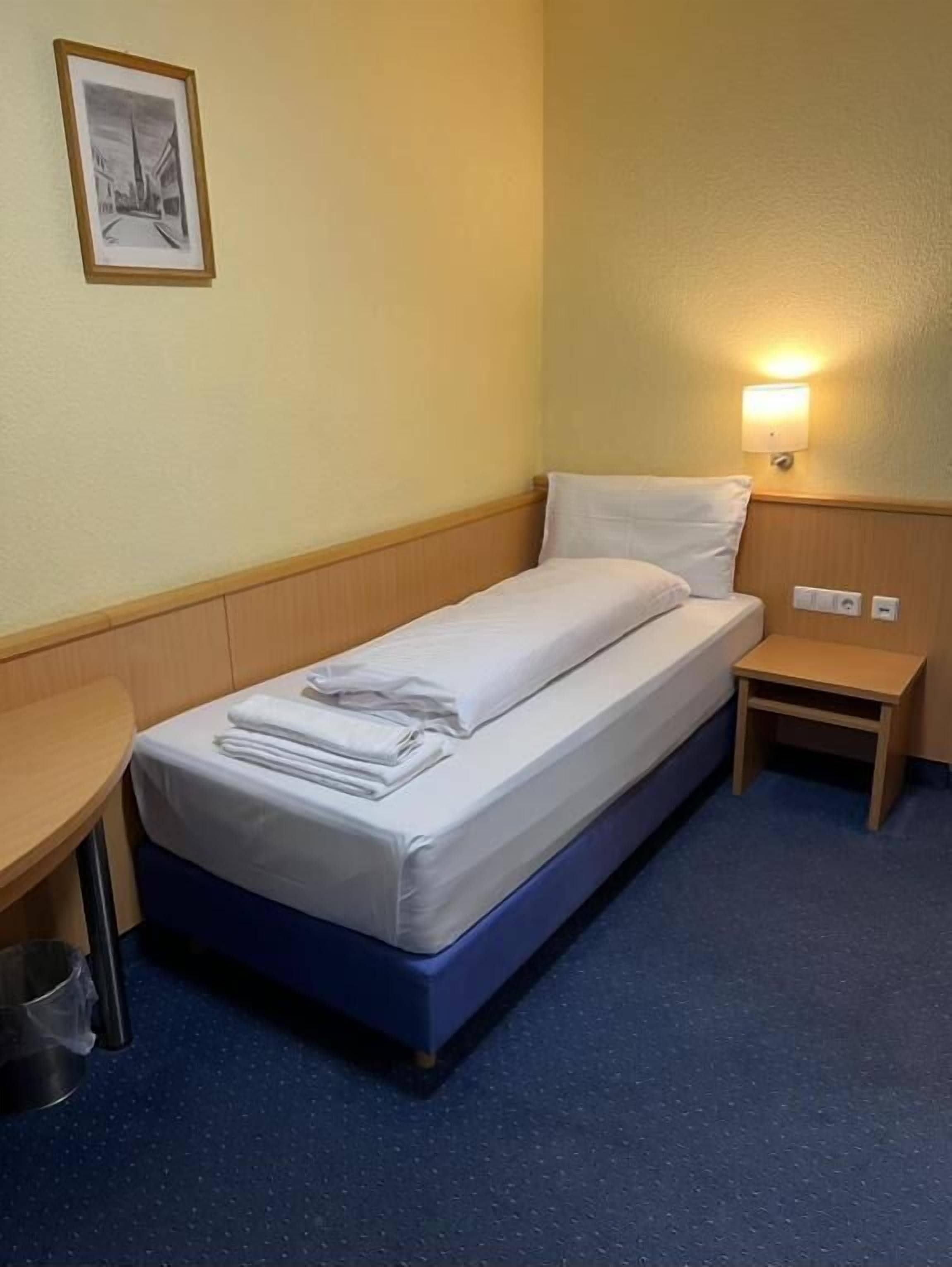A single bed with white linens, a bedside table, a wall-mounted light, and a framed picture on the wall.