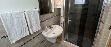 A modern bathroom with a glass shower enclosure, a sink, and two towels hanging on the wall.