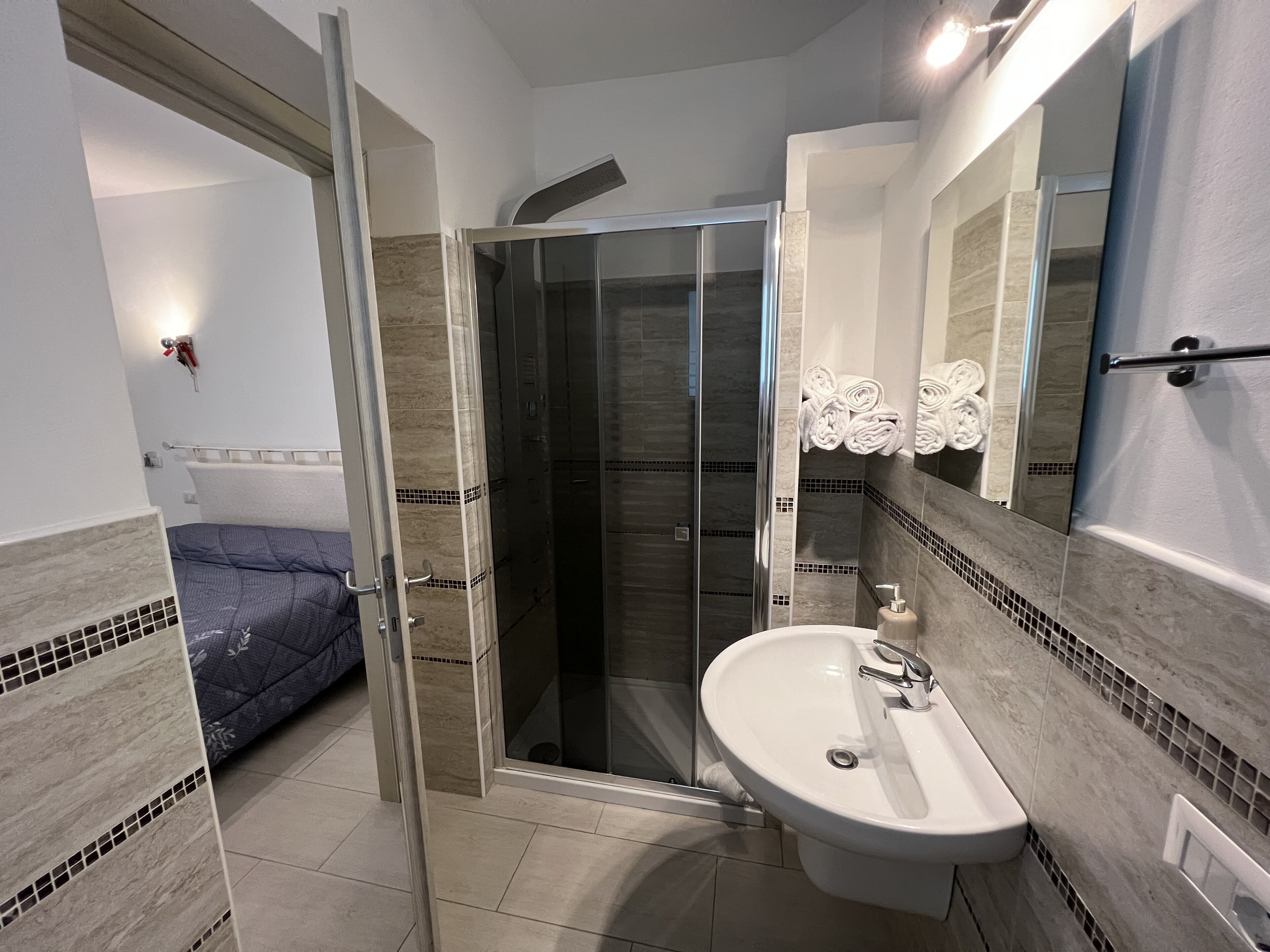 Een badkamer met een douchecabine, een wastafel en een bed in de aangrenzende kamer.