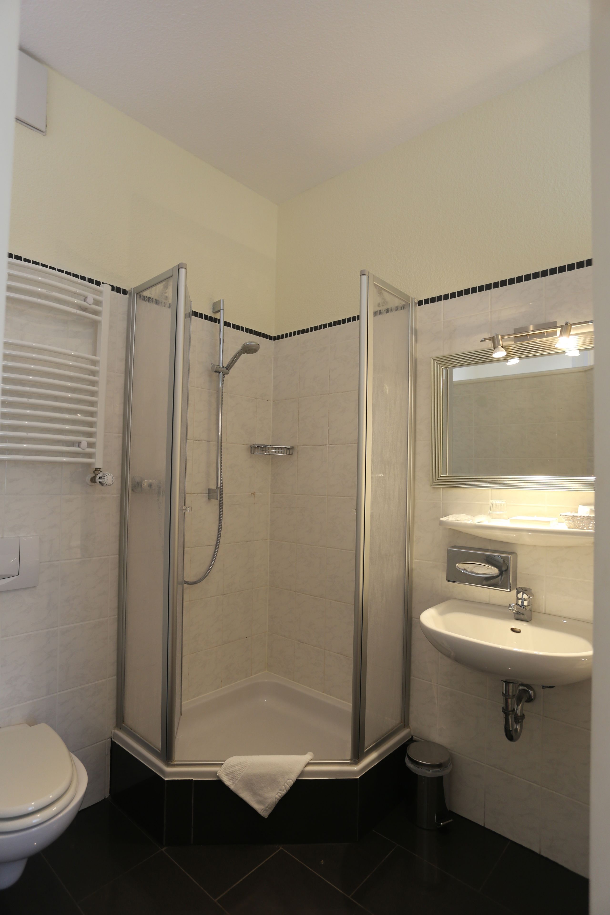 Un baño moderno con ducha de vidrio, lavamanos blanco y un inodoro.