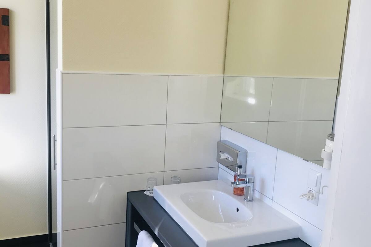 deluxe suite | bathroom | shower, hair dryer, towels