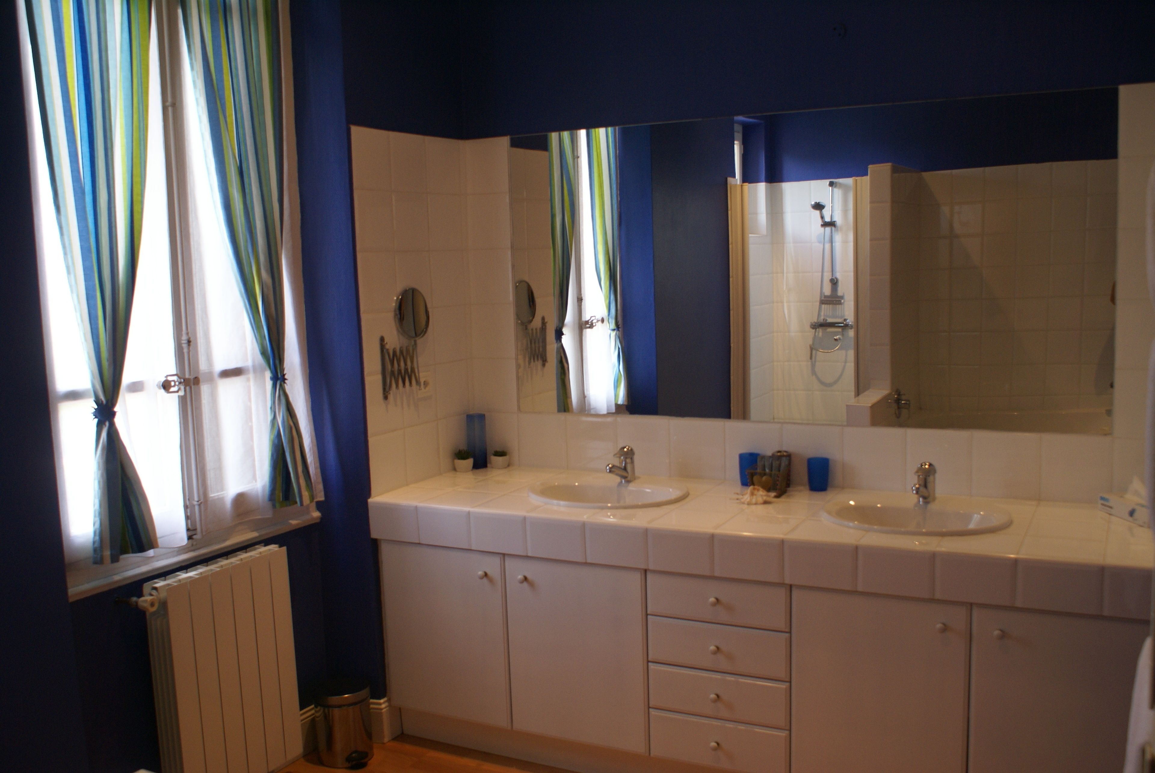 A bathroom with two sinks, a mirror, and a shower.