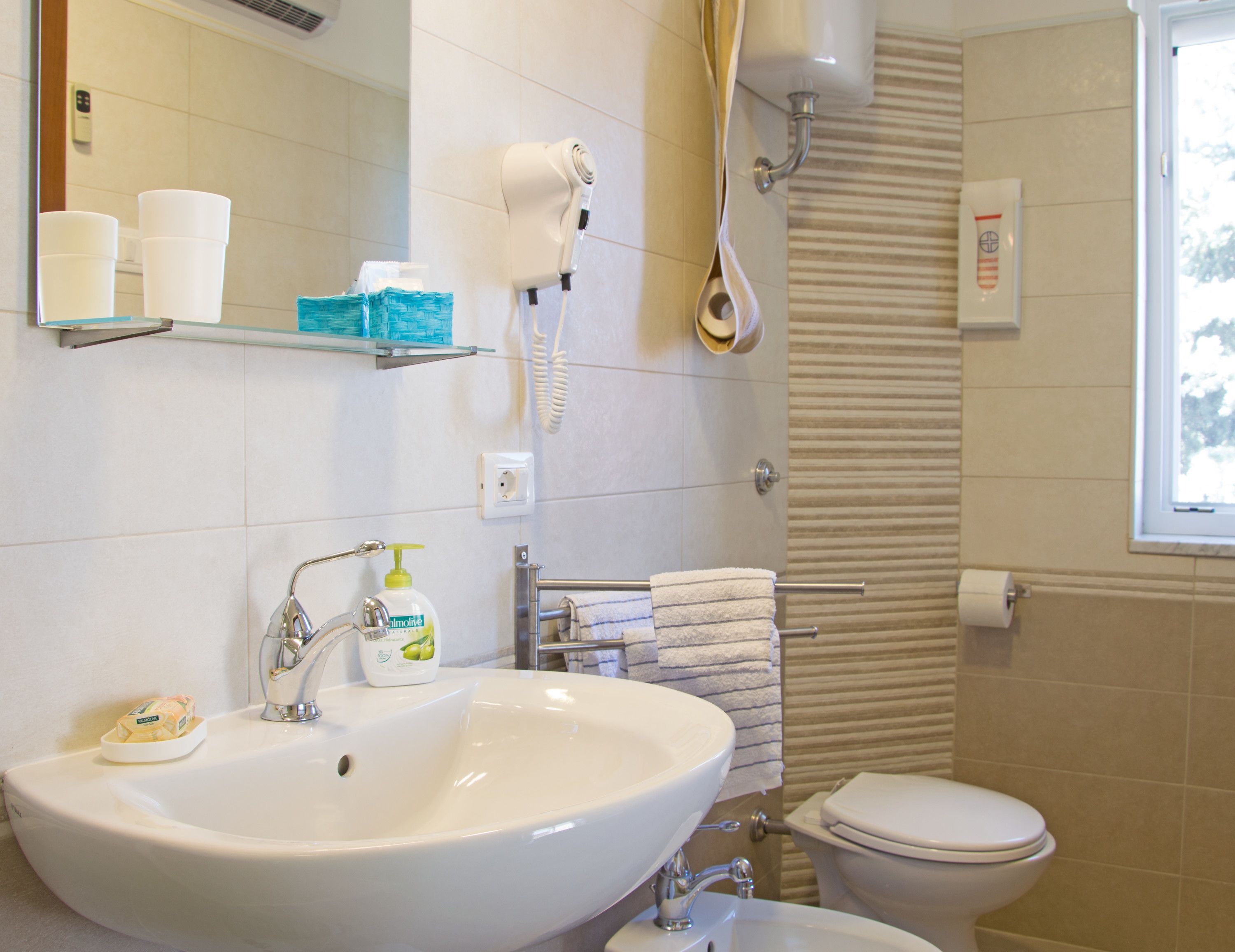 Un bagno con lavandino, wc, portasci e zona doccia.