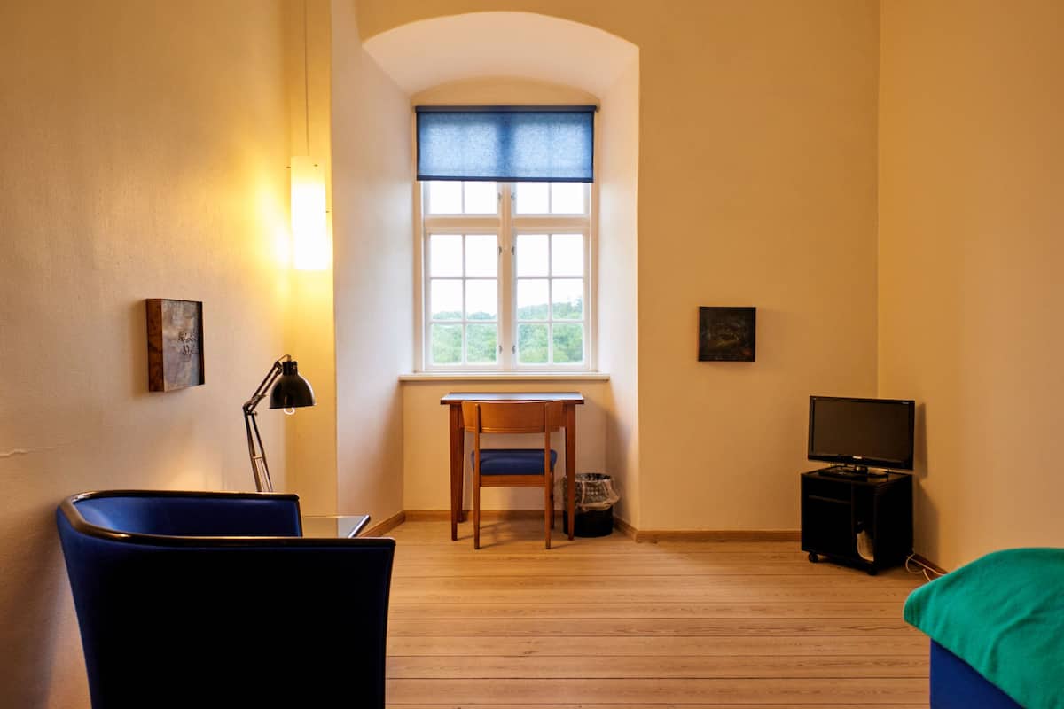 A room with a wooden floor, a desk with a chair, a window with a view, a television, and a lamp.