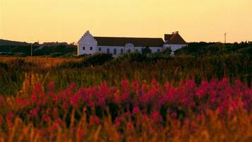 A white building with a sloped roof, surrounded by fields of tall grass and pink flowers.