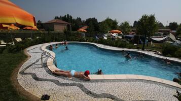 Seasonal outdoor pool, pool umbrellas, pool loungers