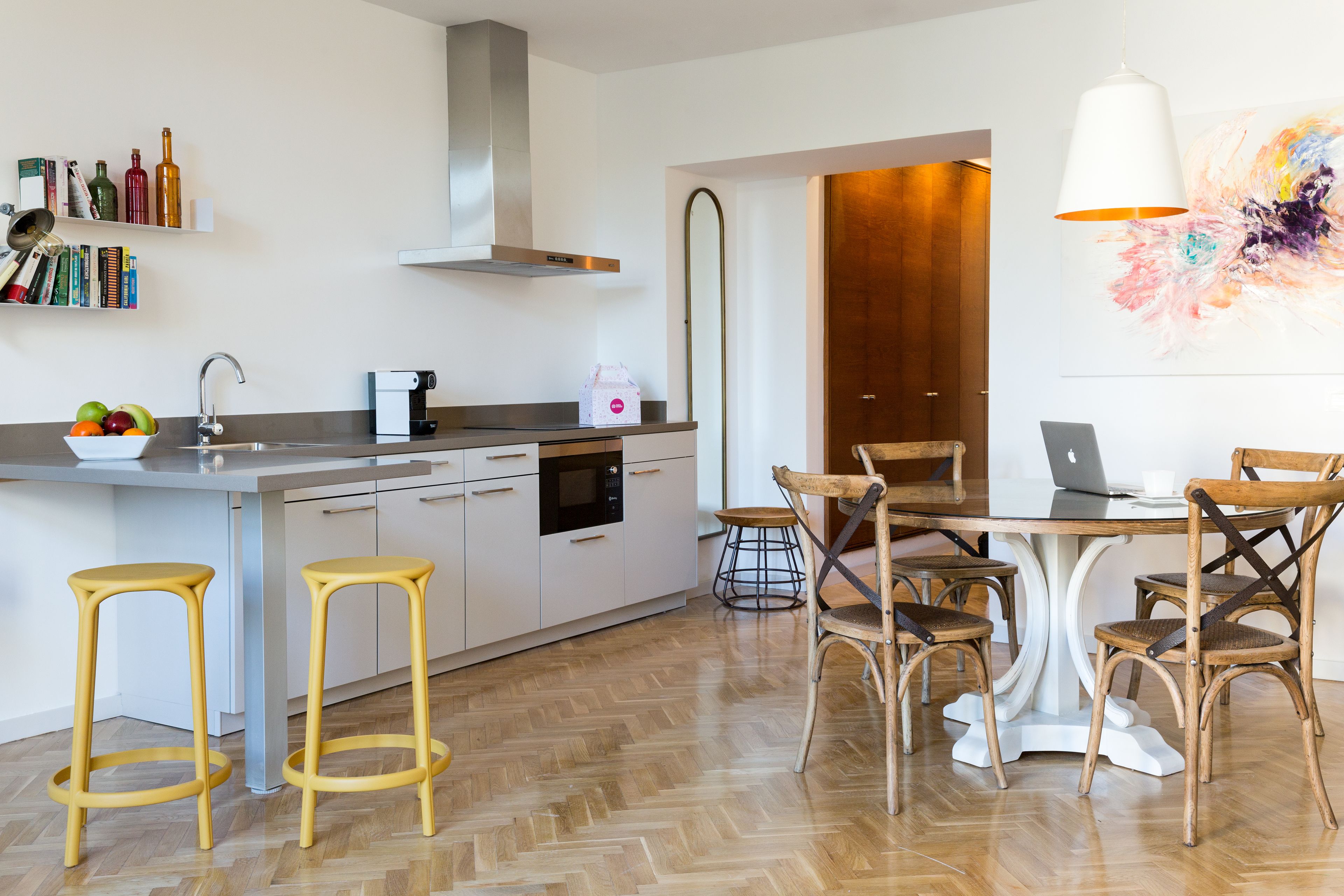 fridge, microwave, stovetop, espresso maker