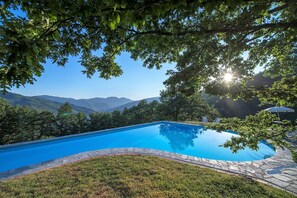 Ein Schwimmbecken mit Steinbord, umgeben von Gras und Bäumen, mit Blick auf Berge im Hintergrund.