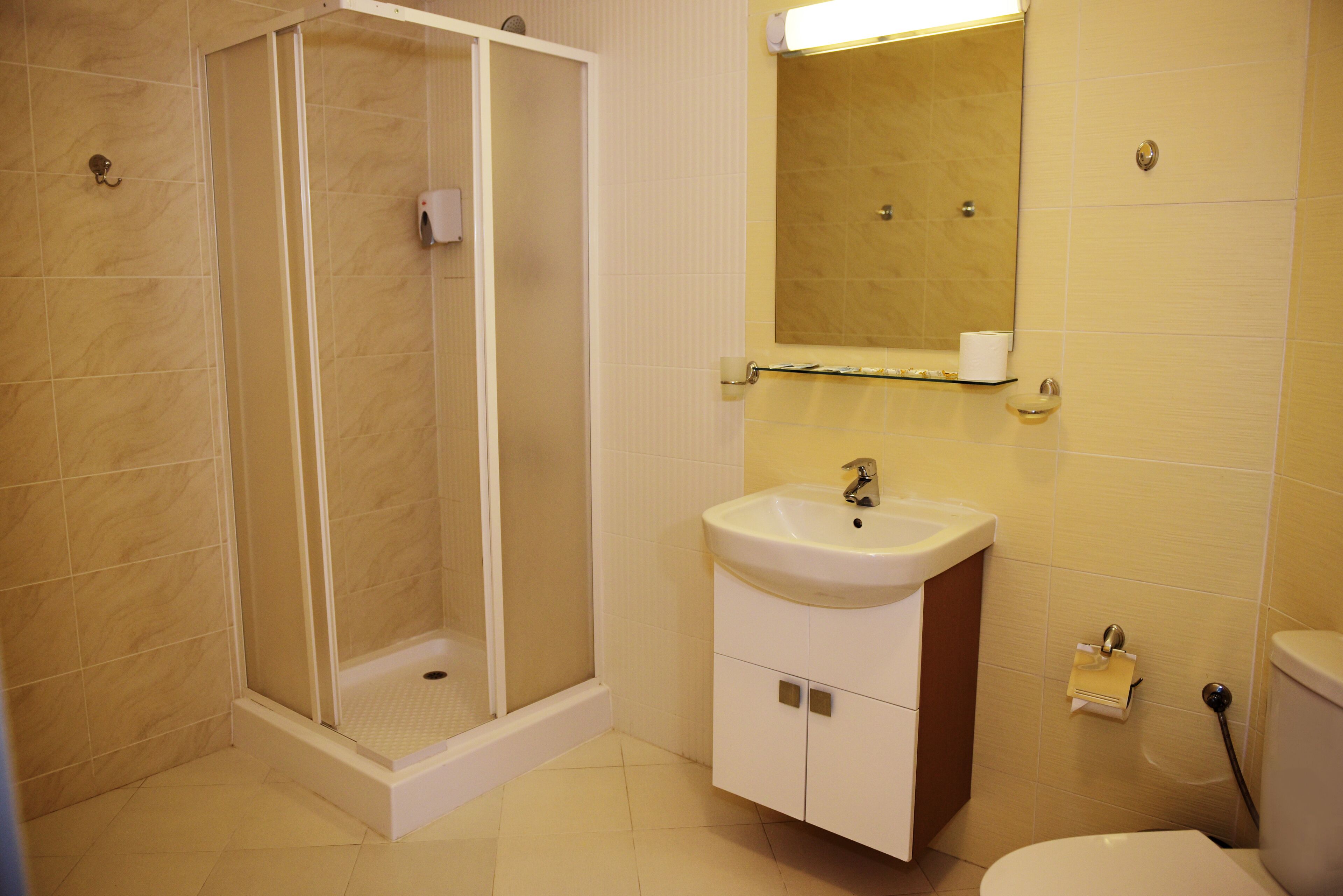 A bathroom with a shower, sink, toilet, and mirror.