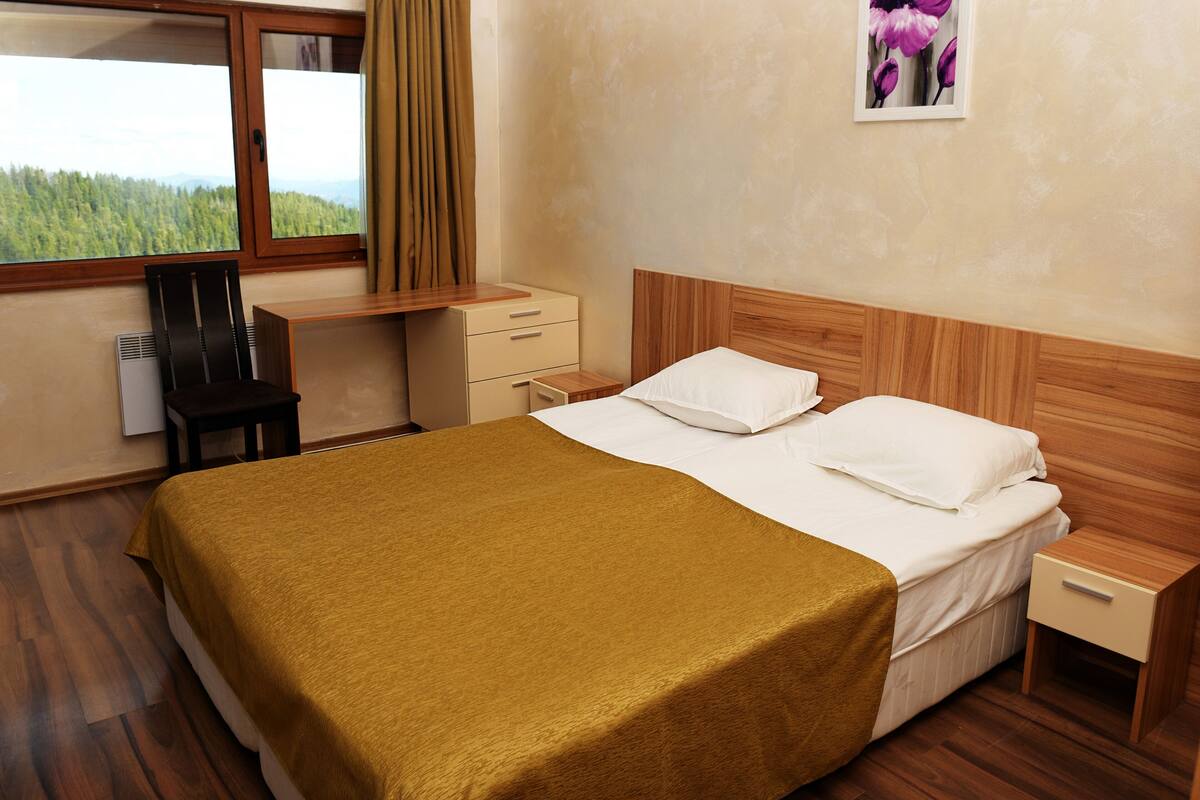A hotel room with a bed, a desk, and a chair.