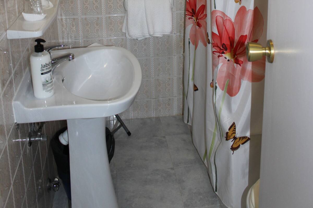 A bathroom with a pedestal sink, a mirror, a towel rack, and a shower curtain with floral design.