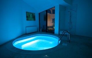 Un baño moderno con una bañera independiente, ducha y puerta de cristal que da a un jardín.