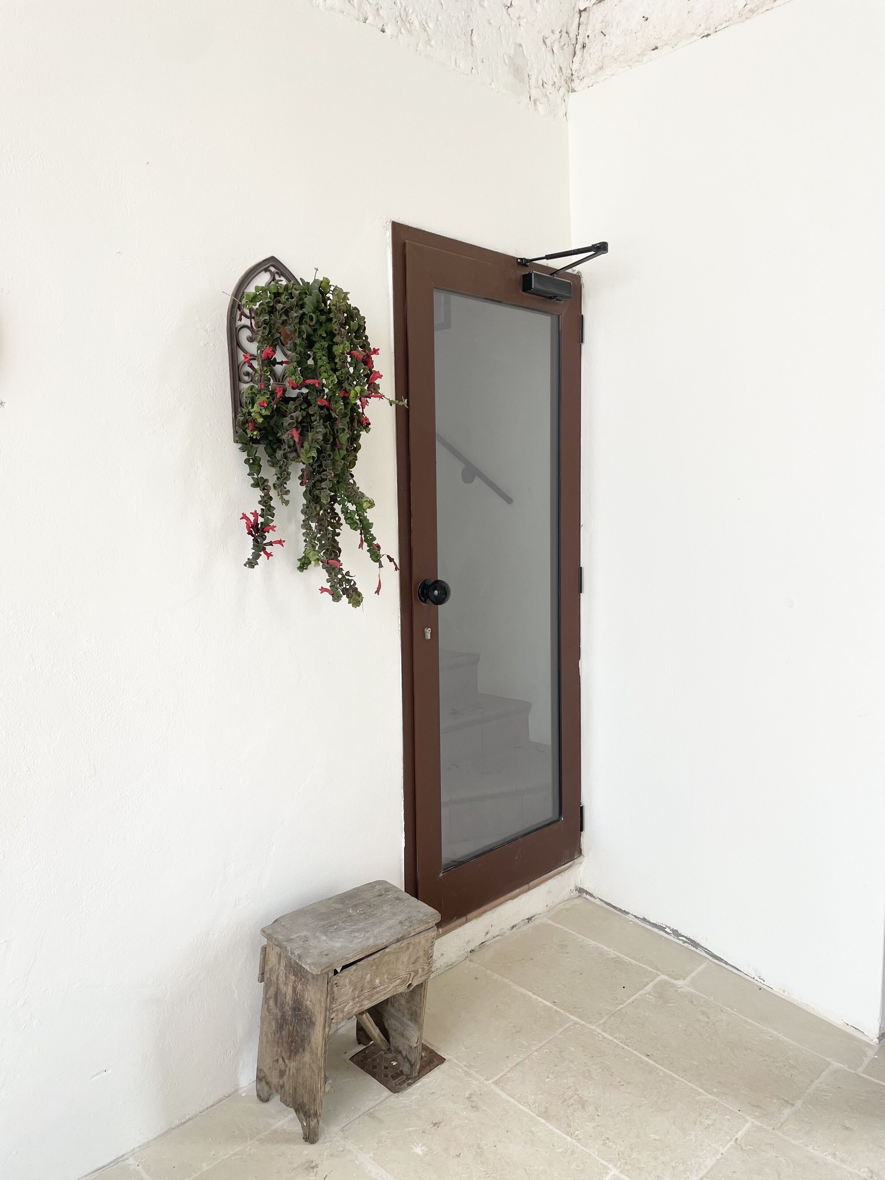 Een deur met een bruin kozijn en een ruit, een klein houten bankje, en een aan de muur bevestigde plantenbak met groene en rode planten.