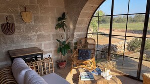 A cozy room with a wicker sofa, a wooden table, and a chair with a patterned cushion. A potted plant and a magazine are on the table. - Masseria Vico (Nardò)