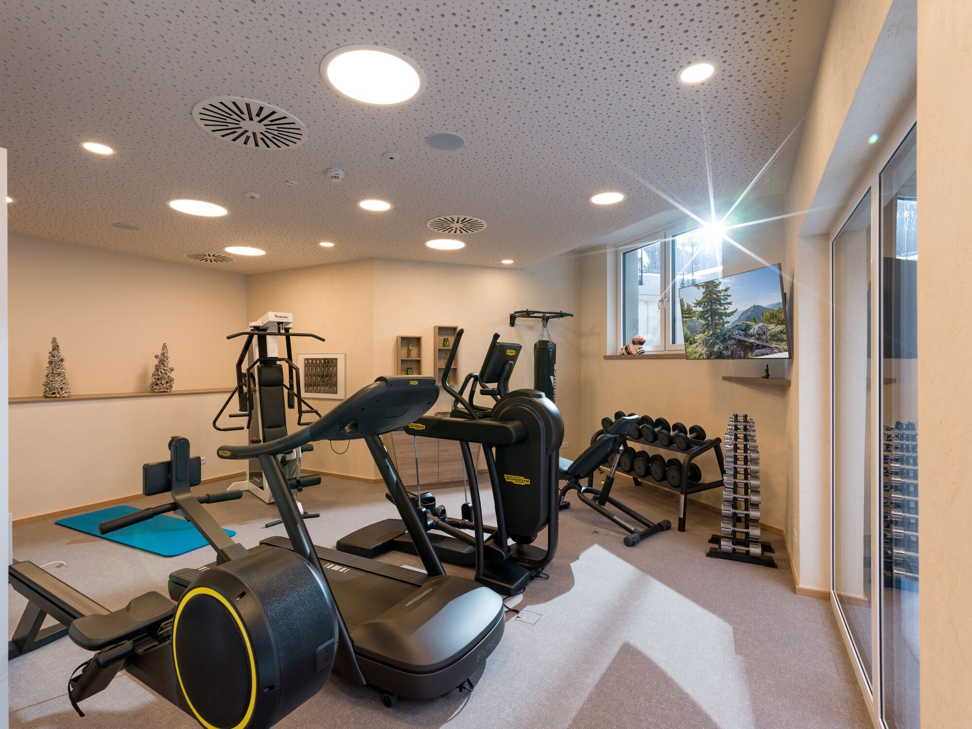 A gym with treadmills, elliptical machines, and free weights.
