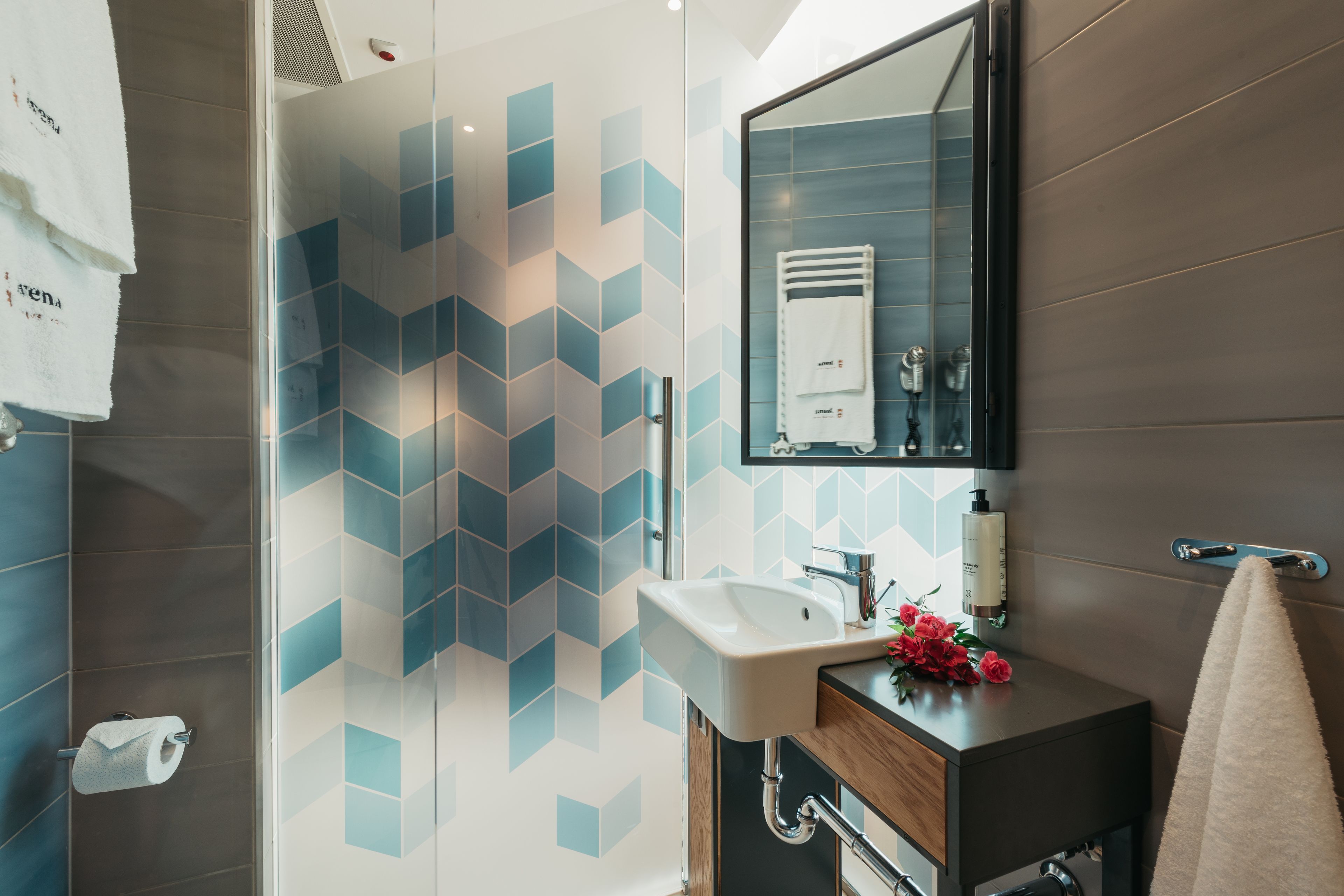 free toiletries, hair dryer, towels, soap